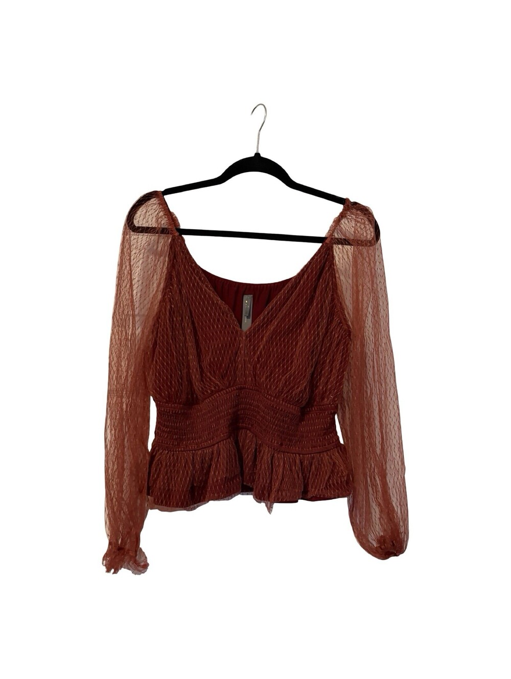 Anthropologie Tulle Blouse 2X Rust Orange-Red Mesh Sleeves Smocked Waist V-Neck